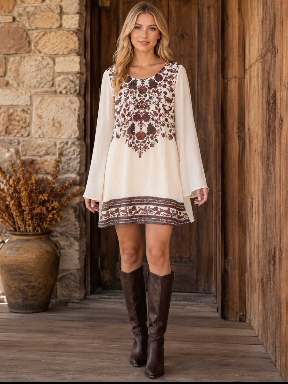 Entro Cream Floral Border Print Boho Shift Mini Dress Size L